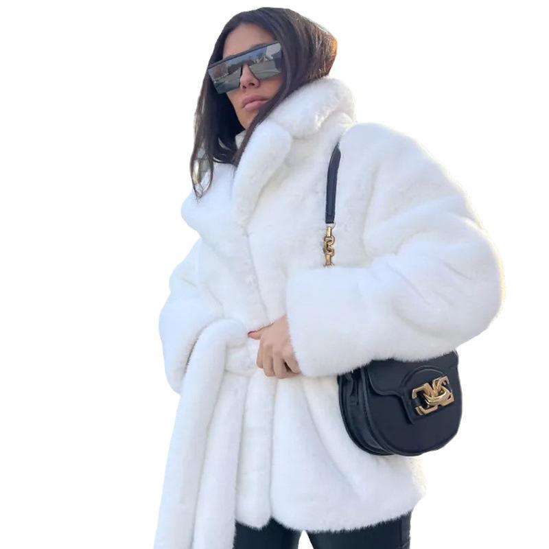 European and American style fur jacket imitation rabbit fur coat suit collar thickened belt plush coat women