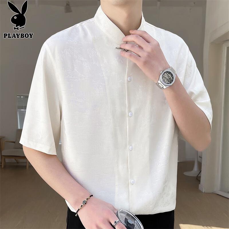 PLAYBOY Men's Ice Silk Short-Sleeve Stand Collar Jacquard Shirt