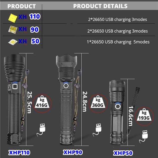 Outdoor Waterproof Led Flashlight Powerful Rechargeable Flashlight 26650 Bright Light Lamp Camping Hand Light USB Flash Lamp