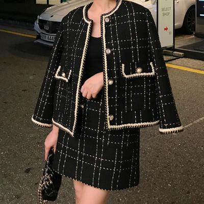 Europäischer Stil Herbst Winter 2-teiliges Set Damen Kurze Woll-Tweed-Jacke Mantel & Bodycon Minirock Set Damen Zweiteilige Outfits