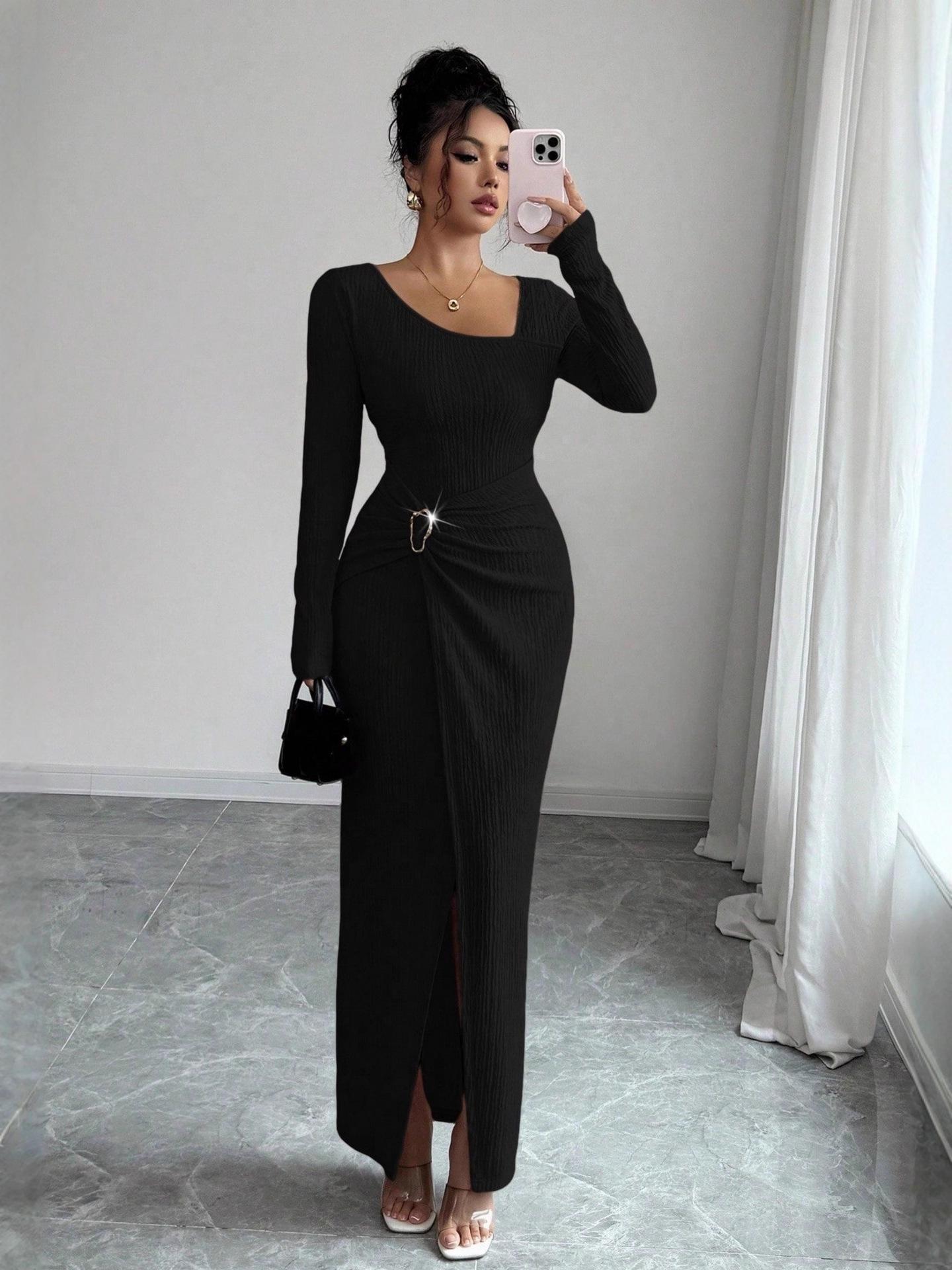 

Вязаное платье с длинным рукавом и асимметричным вырезом для осени/зимы Large чёрный