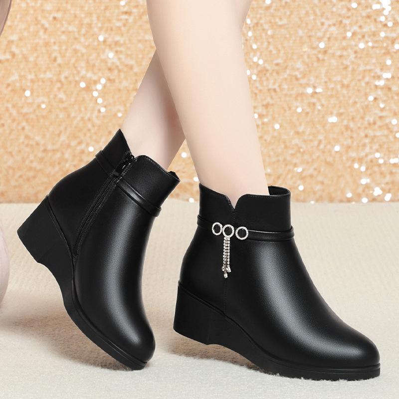 Iarnă Femei Fermoar Lateral Platforme Tocuri Glezniere Pantofi Anti-Alunecare Vârf Rotund Cizme Negre Pantofi Călduroși Pluș Scurt