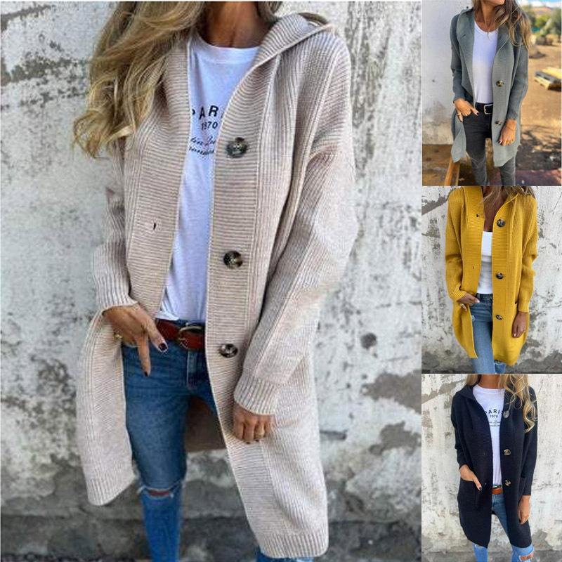 Cardigan lungo in maglia da donna con cappuccio, chiusura a bottoni, design a righe, multicolore