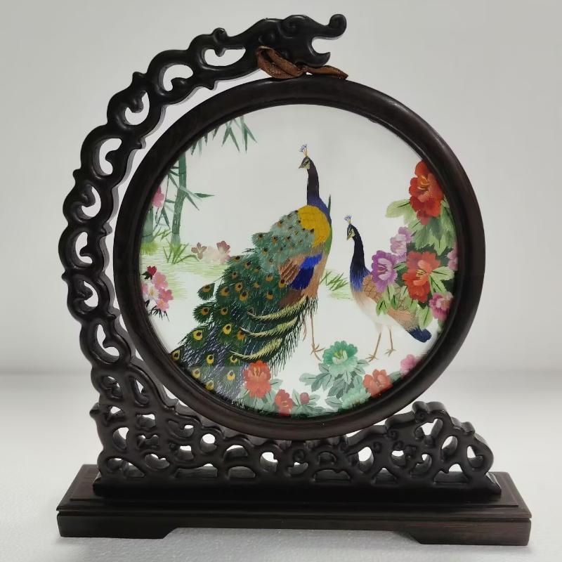1pc, Su Embroidery Ornaments, Chinese Embroidery Crafts, Double Sided Embroidered Ornament, Solid Wood Desktop Decoration