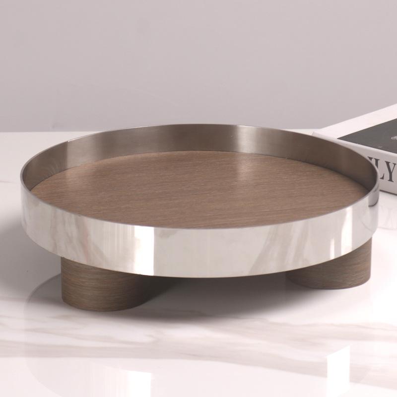 Minimalist Modern Imitation Wood Grain Metal Geometric Tray Ornaments Model Room Interior Soft Decoration Living Room Desktop Decoration Tray