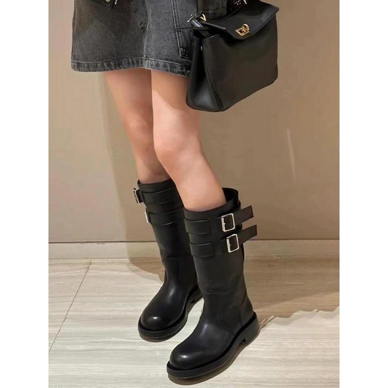 Cowhide Version~ Genuine Leather Retro Locomotive Boots Knight Boots Women's Thick Heels But Knee Long Boots Medium Tube Thin Martin Boots