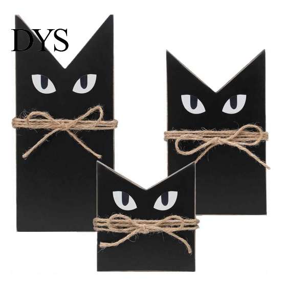 Solid Wood Craft 3 Pcs Halloween Black Cat Wooden Block Sign, Vintage Table Decoration Decorative Cutout with Burlap Rope, Rustic Farmhouse