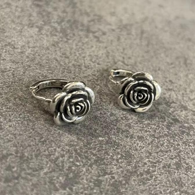 My Fine Jewelry Women's Silver Ponykiss Sterling 3D Rose Flower Stud Earring For Vintage Plant Fine Minimalist Personality Accessories
