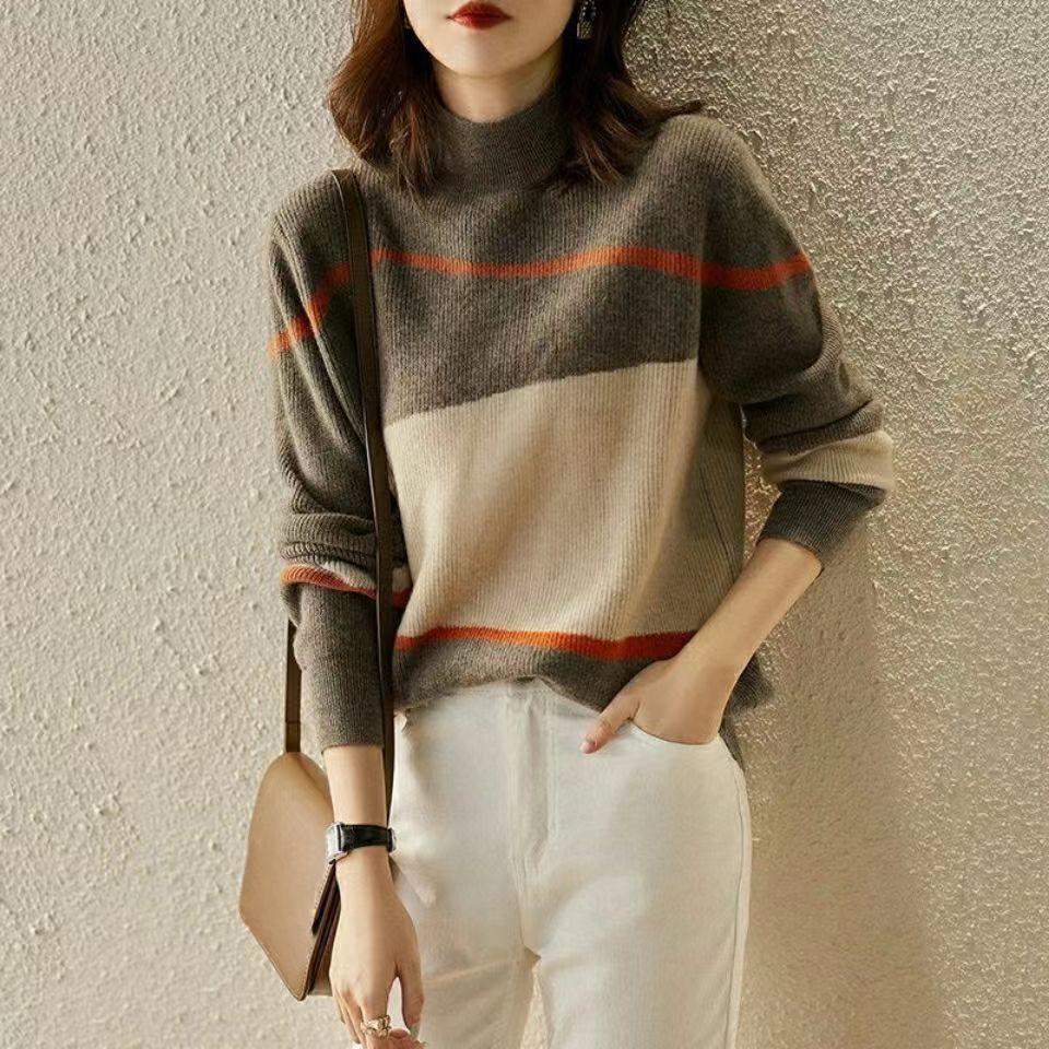 

Утепленный теплый мягкий джемпер «Столкновение цветов» с половиной высоким воротником, женские осенне-зимние свободные вязаные топы с мясом One Size верблюд