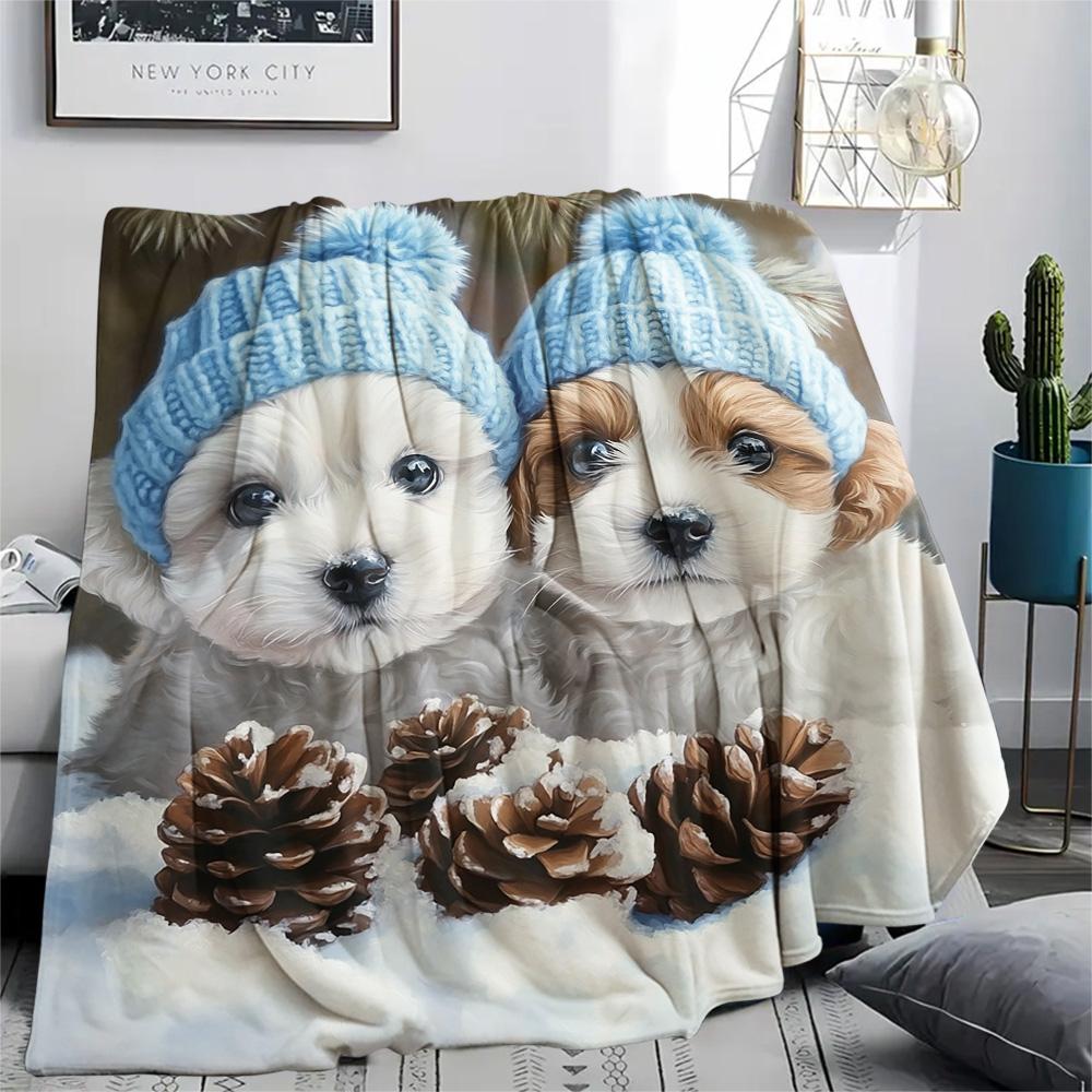 Puppy Print Flannel Blanket, High quality Comfortable for All Seasons, Home Decor, Warmth and Comfort, Perfect for Christmas Gifts