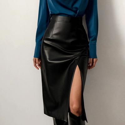 2023 Autumn Winter Slim Split Pu Leather Skirt Casual Black Sexy Skirt Fashion High Waist Hip-wrap Skirt Women Clothing 28676