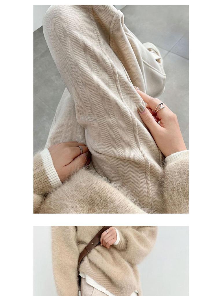 Damen 2024 Fischgrät Wollfleece-gefüttert Geschlitzte Straight-Leg Hose für Herbst/Winter Freizeitkleidung