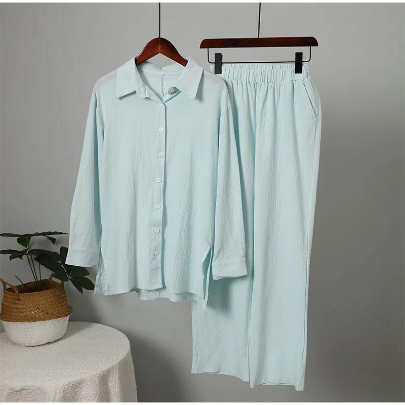 Set Musulmano da Donna Set Pantaloni a Gamba Larga Set Due Pezzi Lino Bottoni Camicia Completo Ramadan Eid Dubai Ensemble Abbigliamento Arabo