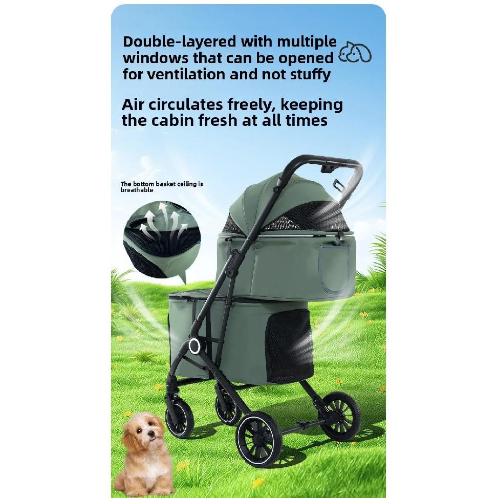 Double Pet Stroller for Dogs and Cats Travel Carriage with Safety Beltsand 4 Lockable Wheels Foldable for Multi-Pet Medium