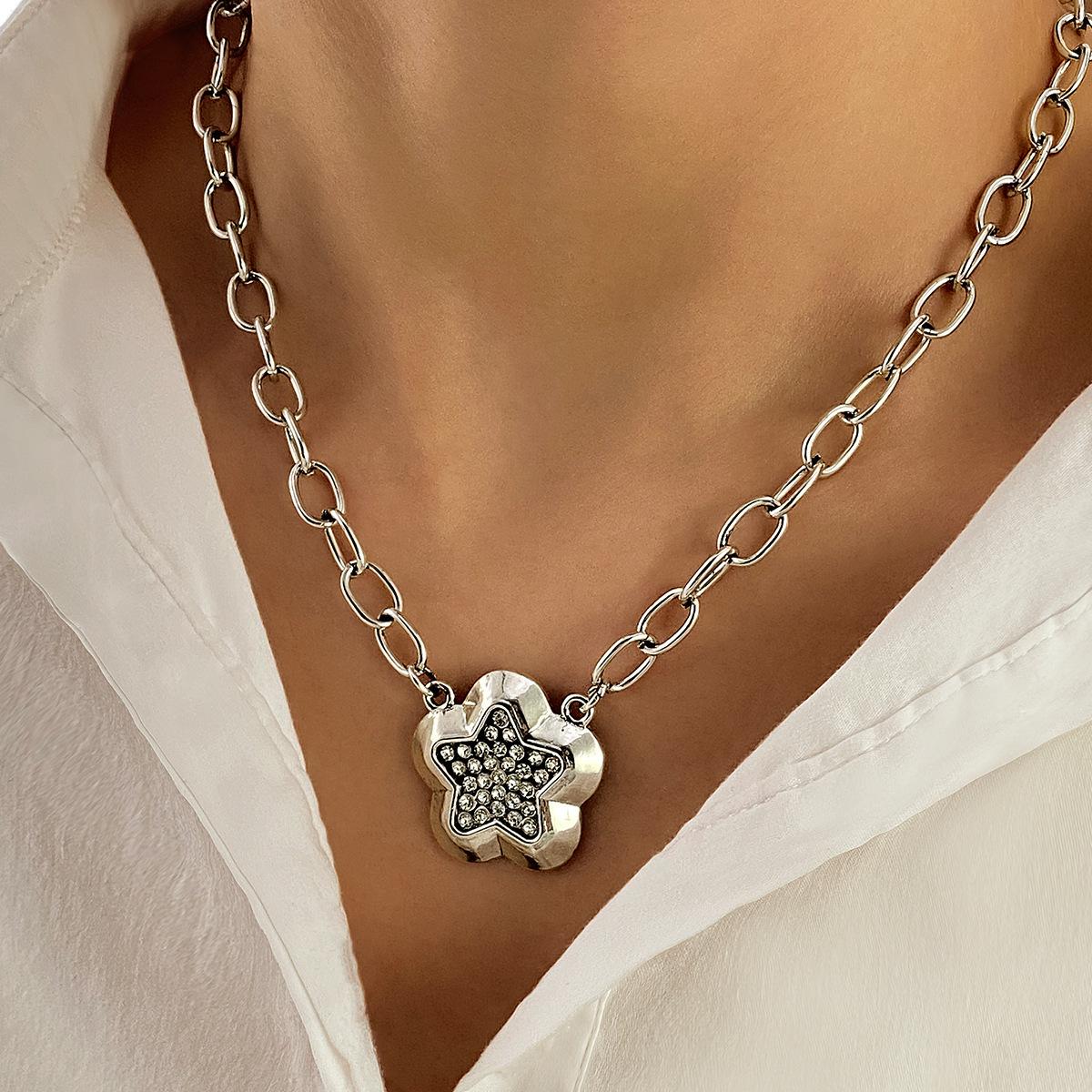 Europe America New Style Return-to-work Distressed Diamond-inlaid Pearl Flower Necklace Pendant Fashionable Chain