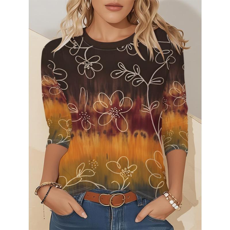 Artistic Landscape Painting Pattern, Slim Fit, Casual Round Neck, Long Sleeves, Everyday Creative Oil Painting Design Pattern.