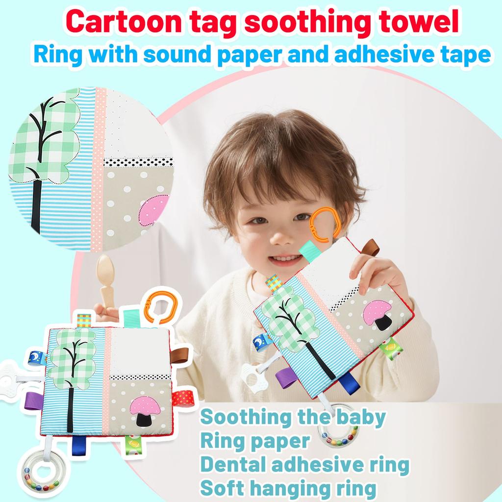 Baby Cartoon Label Comfort Towel, Soft Hanging Ring With Rattle Teether