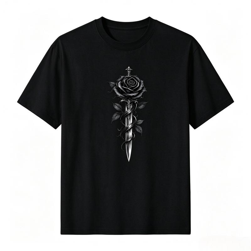 Unisex Unisex Dunkles Gotisches Schloss Und Schwarze Rose T-Shirt Vintage Spukhaus Grafik Kurzarm Oberteile Geschenk Mode Unisex Y2k Oberteil