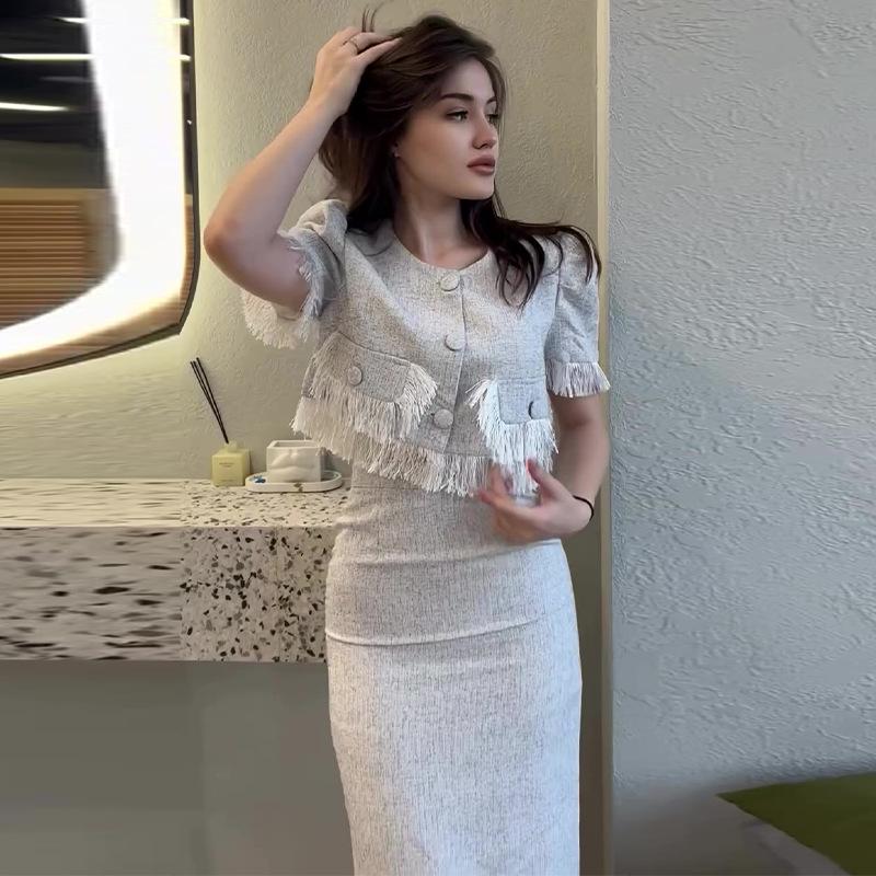 2024 Summer European & American Style Elegant Tassel Splicing Midi Skirt Set for Women