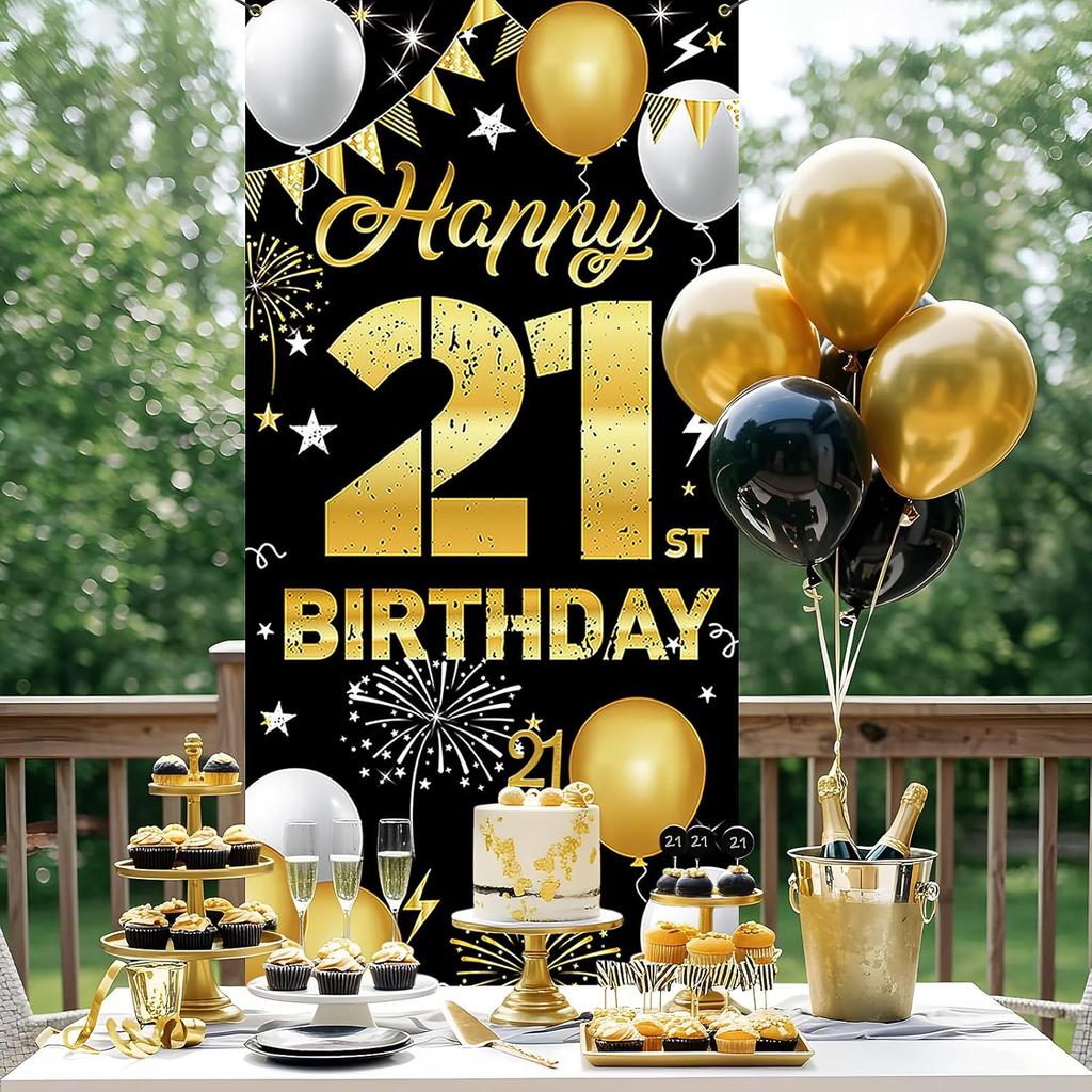 Happy 21st Birthday Decorations for Him & Her – Black and Gold 21st Birthday Banner Backdrop, Yard Sign, Photo Props, Door Background Party Décor