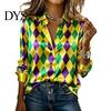 Comfortable Mardi Gras Tee Women Shirt Lapel Long Sleeve Striped Print Tops Buttons Vibrant Festival Placket Loose Fit Carnival Outfit Party