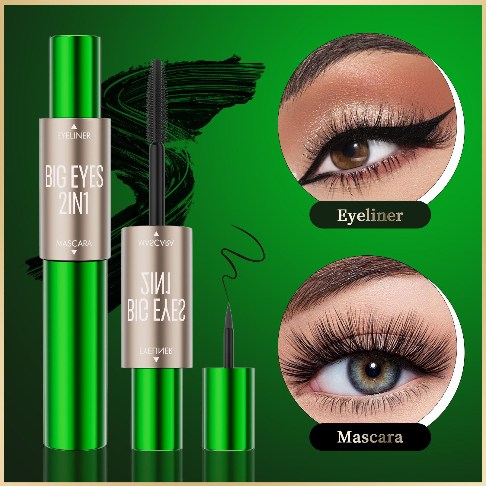 Double-Head Mascara, Dense, Slender, Curly And Non-Smudging 2-In-1 Waterproof Eyeliner 9g + 2.5ml - *3pcs