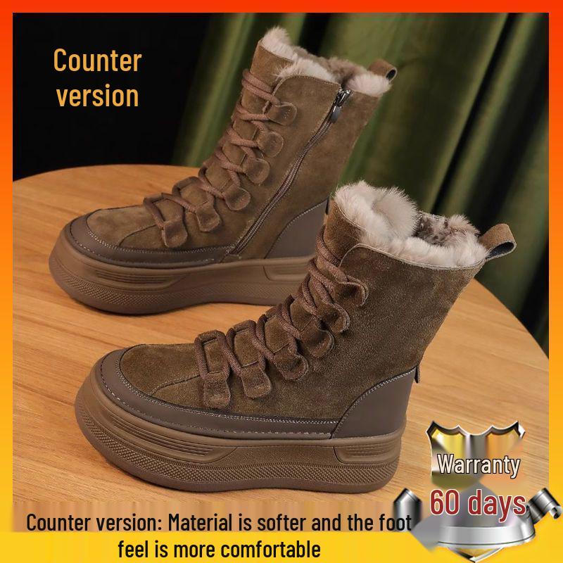 Winter 2025 Women's Mid-Calf Leather and Fur Snow Boots with Thick Soles and Warm Velvet Lining
