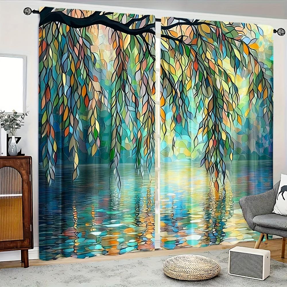 2pcs, All-Season Art Deco Style Curtains, Modern Willow Trees by River Stained Glass Pattern, Polyester, Perfect for Adding