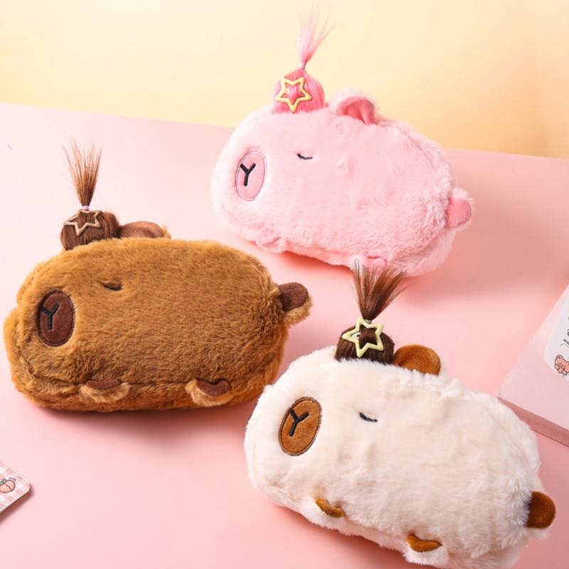 Cartoon Plush Pen Bag Big Capacity Pencil Case, Plush Stationeries Bag Pen Case Zippered Pen Bag Gift for Student Kid