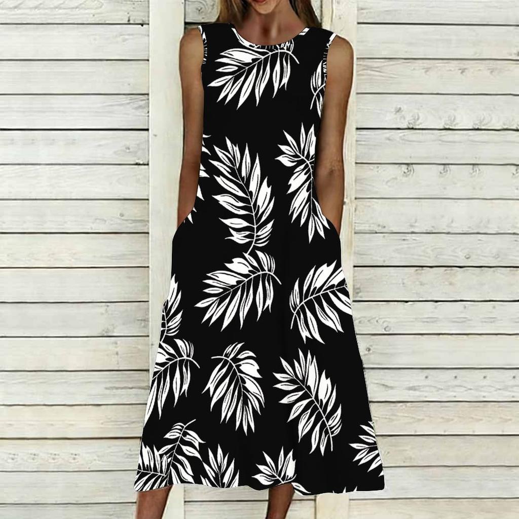 Women Plus Size Sleeveless Round Neck Dress Bright Tropical Flamingo Printed Loose Maxi Gown