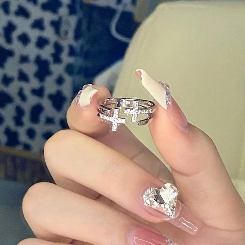 Niche Design Sense Light Luxury High Sense Cross Zircon Metal Open Index Finger Ring Fashion Women Adjustable opening