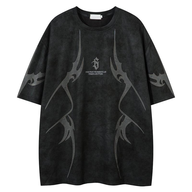 2025 original men s fashion brand American retro design sense printed T-shirt men s and women s suede loose niche short sleeves S чёрный