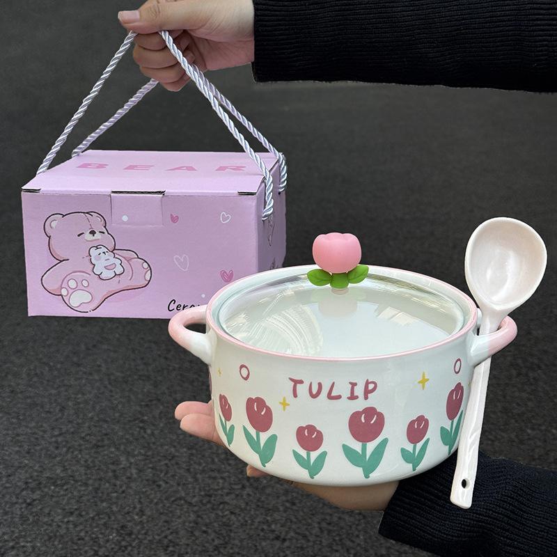 ins Tulip Ceramic Instant Noodle Bowl with Lid Student Dormitory Snail Powder Bowl for Girls Birthday Gift Box