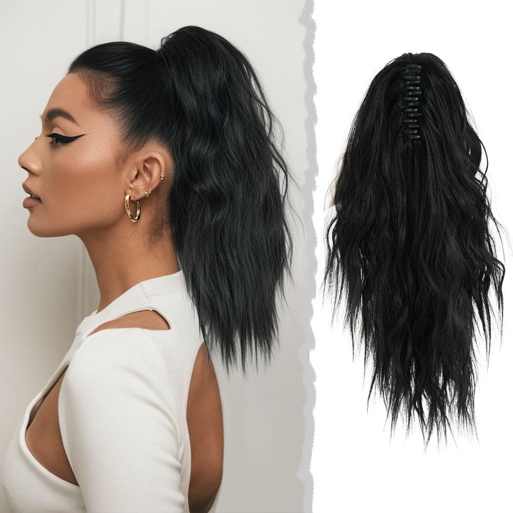 18 Inch Women's Lilac Highlight Natural Wave Drawstring Adjustable Size Black Synthetic Hair Beige Clip Portable Easy Ponytail