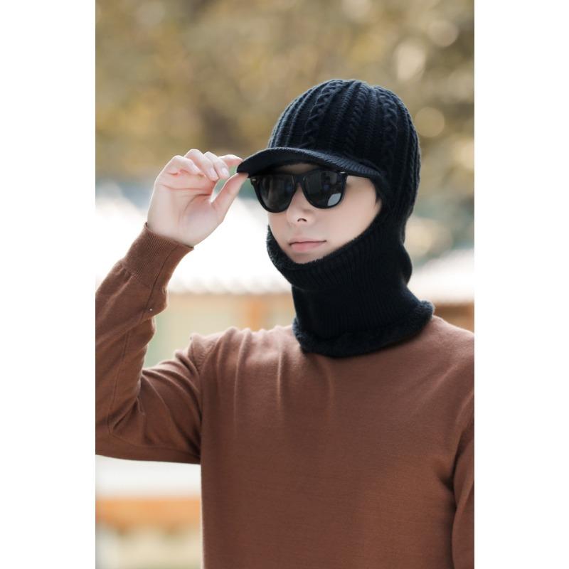 Men's Knitted Hat Autumn and Winter Outdoor Cycling Scarf Suit Cold Proof Woolen Hat Plus Velvet Warm Cold Hat for Men