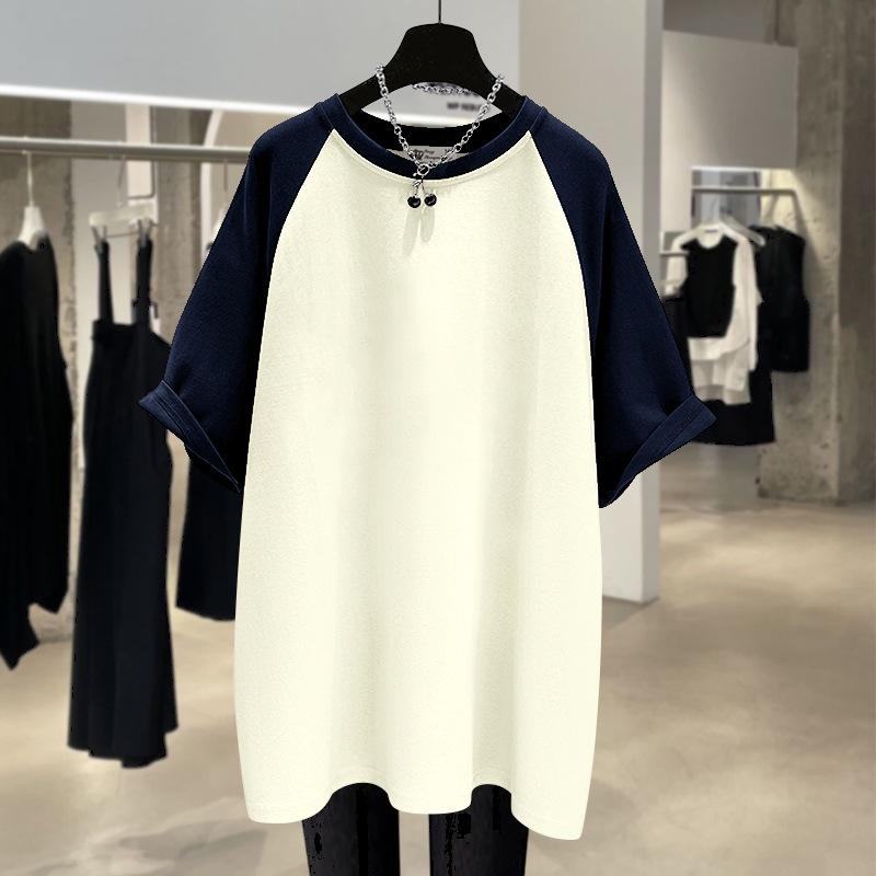 220g Pure Cotton Summer New Large Version Loose Contrasting Rag-sleeved Short-sleeved T-shirt for Women