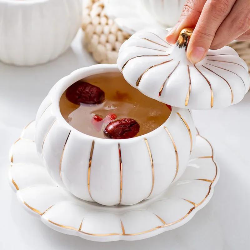 Creative Pumpkin Cup Set, Ceramic Stew Pot, Spoon Saucers Sets, Gold Rim with Cover, Bird's Nest Sugar Water Bowl, Kitchen