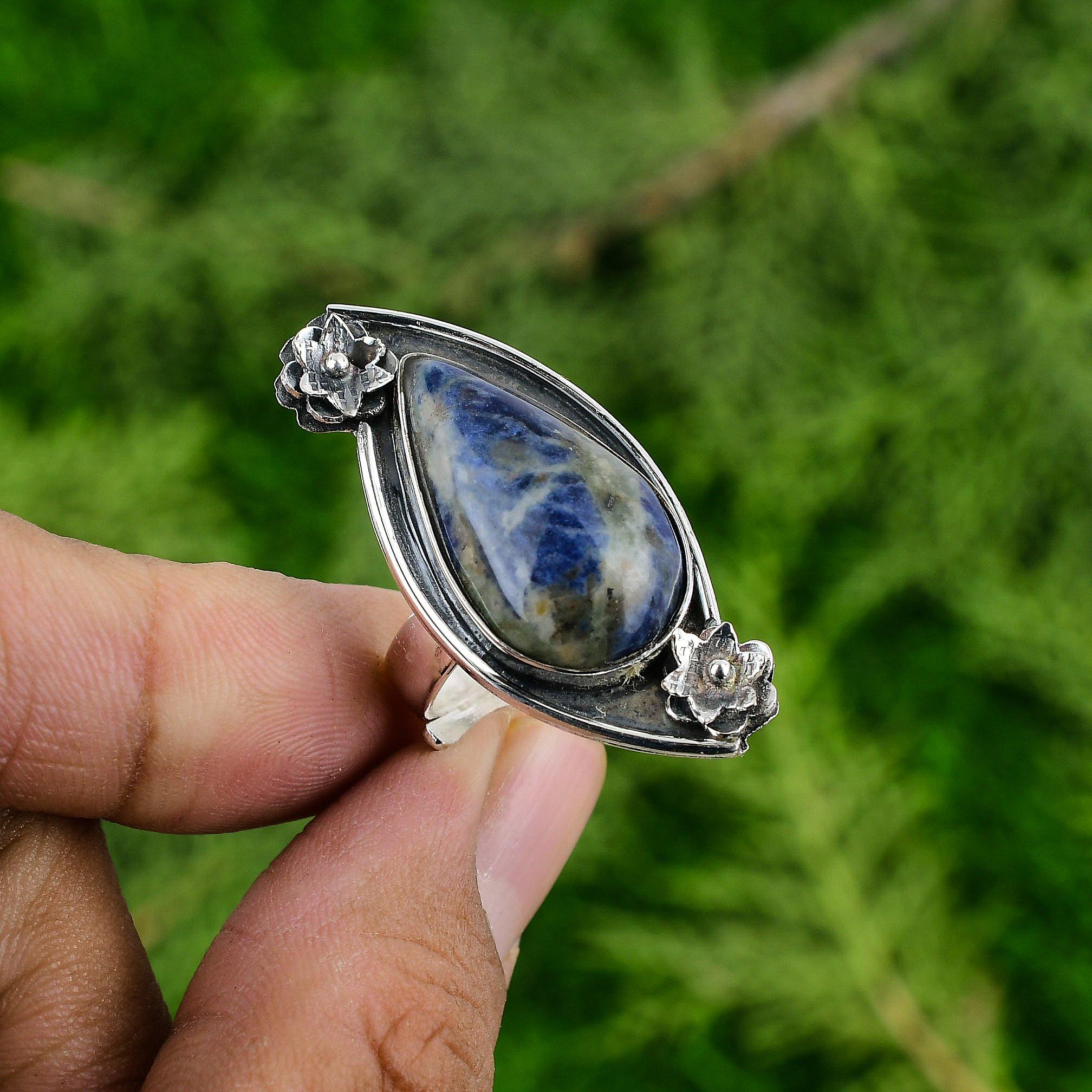 

Подарок для нее Серебряное кольцо 925 пробы с натуральным содалитом, пасьянс, цветок, регулируемое Adjustable