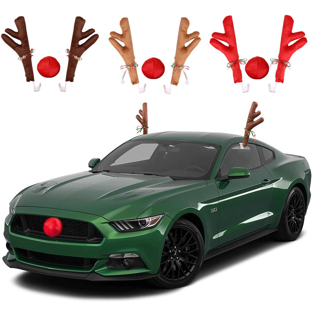 Christmas Car Decoration Reindeer Antlers Kit with Red Nose and Bell Navidad Rudolph Accessory Christmas Holiday Atmosphere Gift
