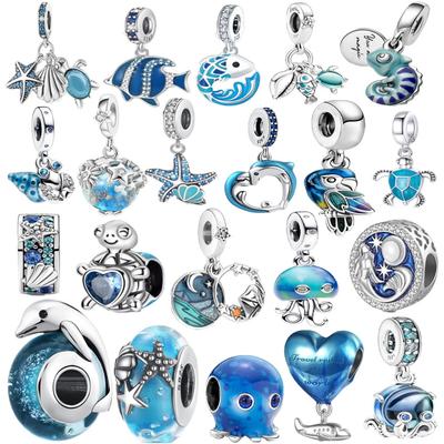 New Blue Marine Creatures Conch Jellyfish Turtle Shark Copper Charm Pendant Fit For Original Bracelet Diy Women'S Jewelry