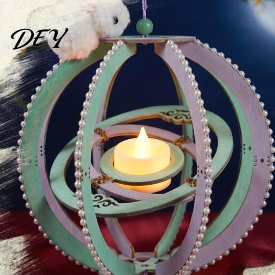 LED Candle Lantern Toy DIY Kit for Mid-Autumn Festival, Hollow Wooden Rotating Ring Making Set with Rabbit, Handmade Tassels