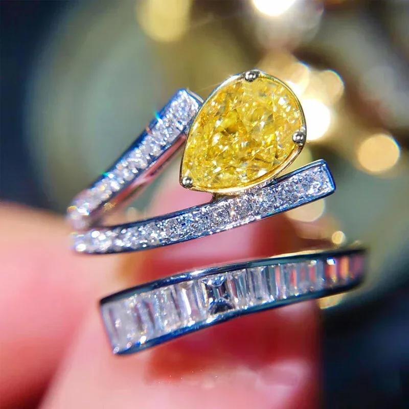 Personality Pear Yellow Cubic Zirconia Luxury Rings for Women Wedding Party Gorgeous Female Accessories Gift New Jewelry