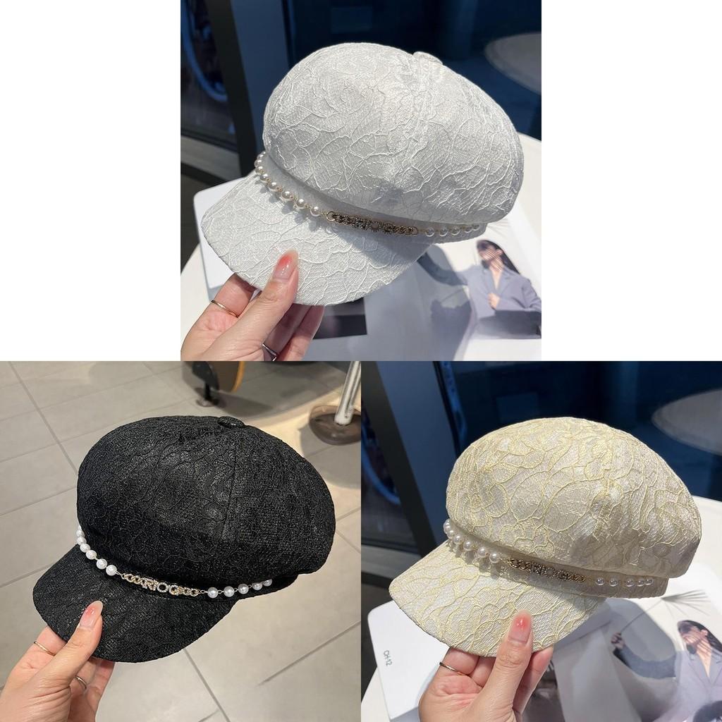 Pearl Chain Lace Octagonal Hat With Wide Brim For Sun Protection And Fashion