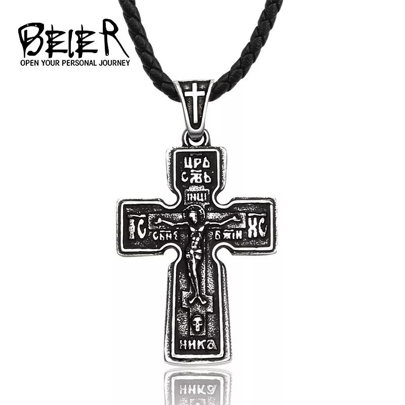 Beier Stainless Steel Men's Christian Christ Jesus Bible Jesus Exorcist Cross Pendant Chain Necklace Jewelry LLLHP199P