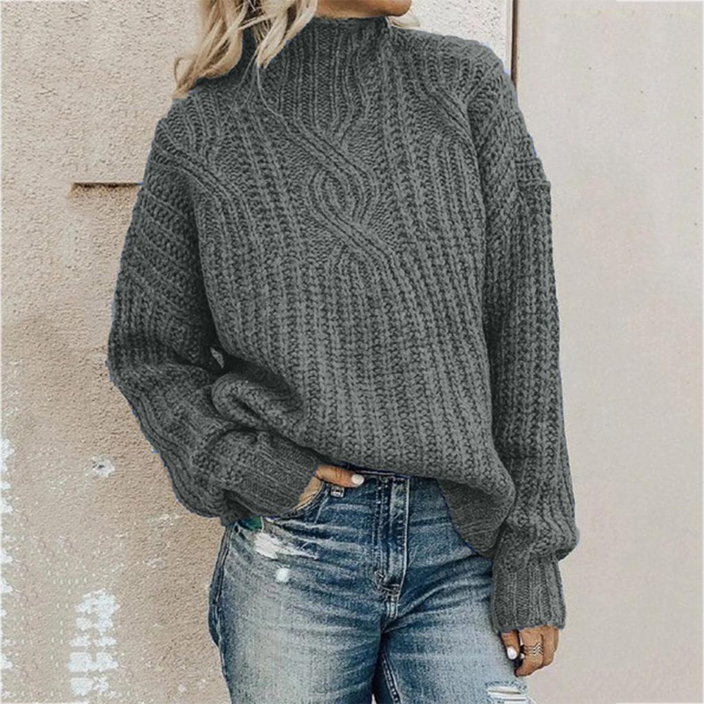 Womens Fashion Solid Long Sleeve Sweater Loose Turtleneck knitting Sweater
