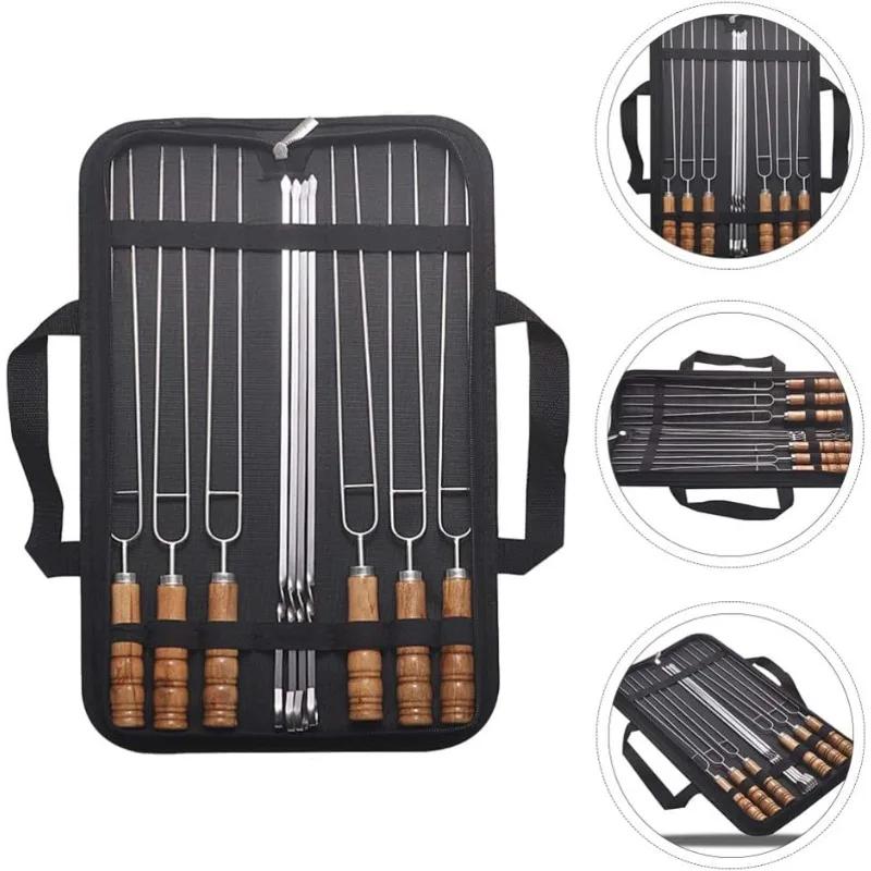 Stainless Steel BBQ Skewers Set with Wooden Handle Double Prong Outdoor Grilling Tools for Camping Picnic