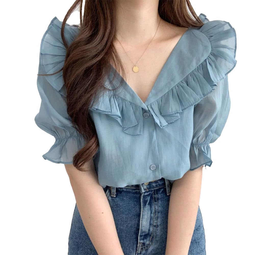 

COLINY Прозрачная блузка с оборками, офисная одежда, топ с V-образным вырезом, женственная, весна/лето, (М, Синий) синий