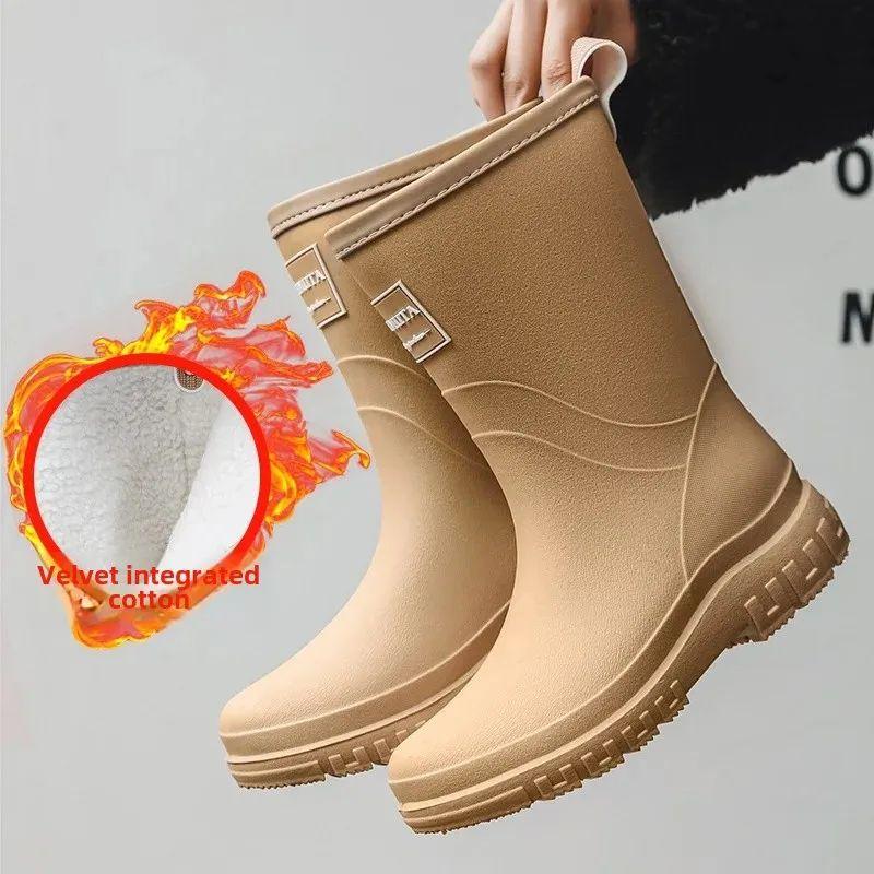 

Женские утепленные флисом теплые хлопковые резиновые сапоги осенне-зимнего стиля, противоскользящие, водонепроницаемые, со средней высотой голенища, из ПВХ материала 39