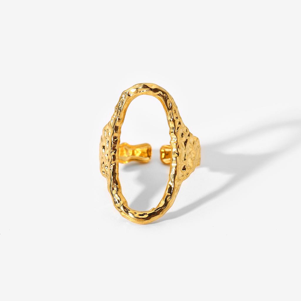 Ring 18K Stainless Steel Ring Hollow Oval Hammer Open Ring Ladies