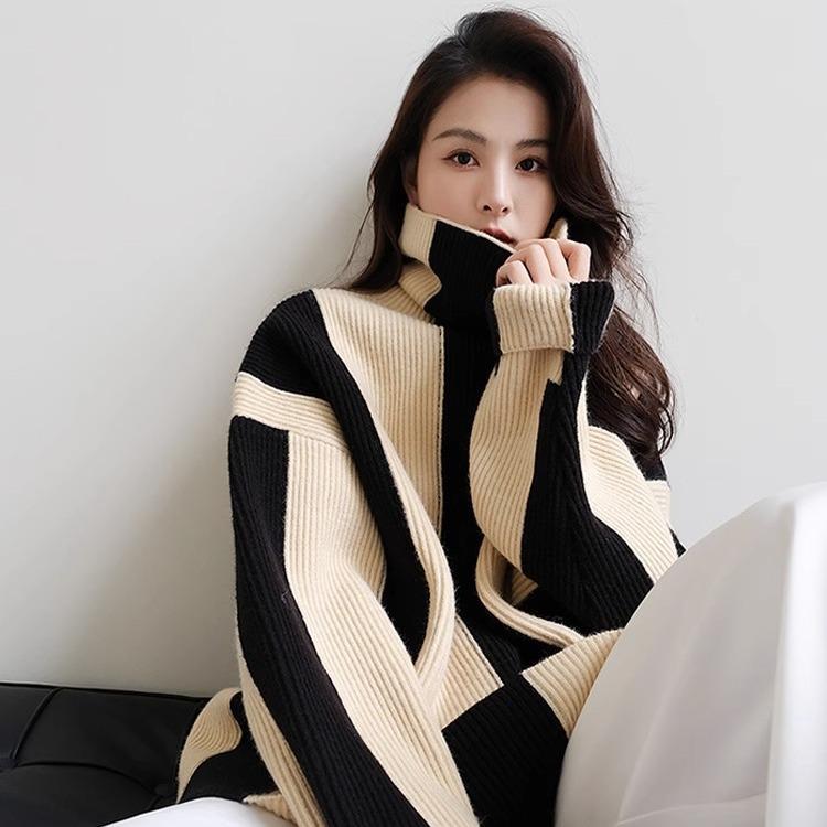 Turtleneck Pullovers Women Striped Thicker Long Sleeve Knitting Tops Casual Sweaters Fall Winter All-match Cozy Keep Warm Sweaters